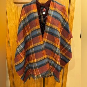 NWT Lincoln Outfitters Reversible Poncho Shawl Cape Multicolor Plaid Fringe OSFA